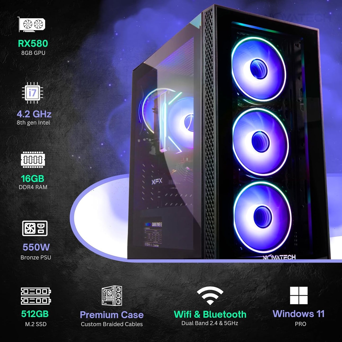 specs of NOVATECH Phantom Gaming PC with RX580 and RGB Fans