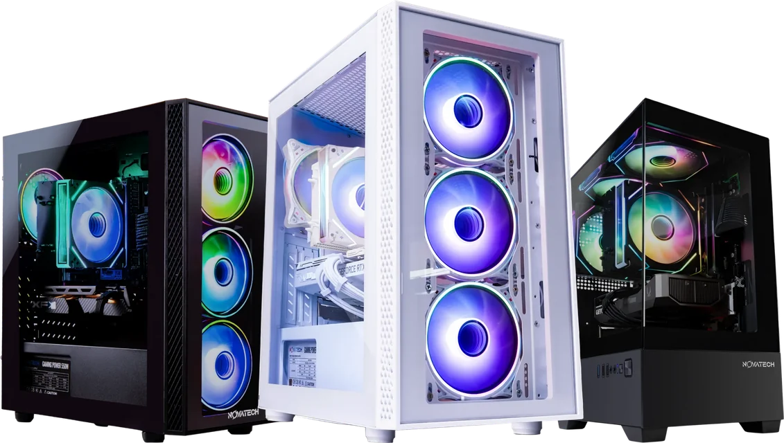 Novatech Phantom, TITAN Pro+ Arctic and Prism 2.0 gaming PCs side by side