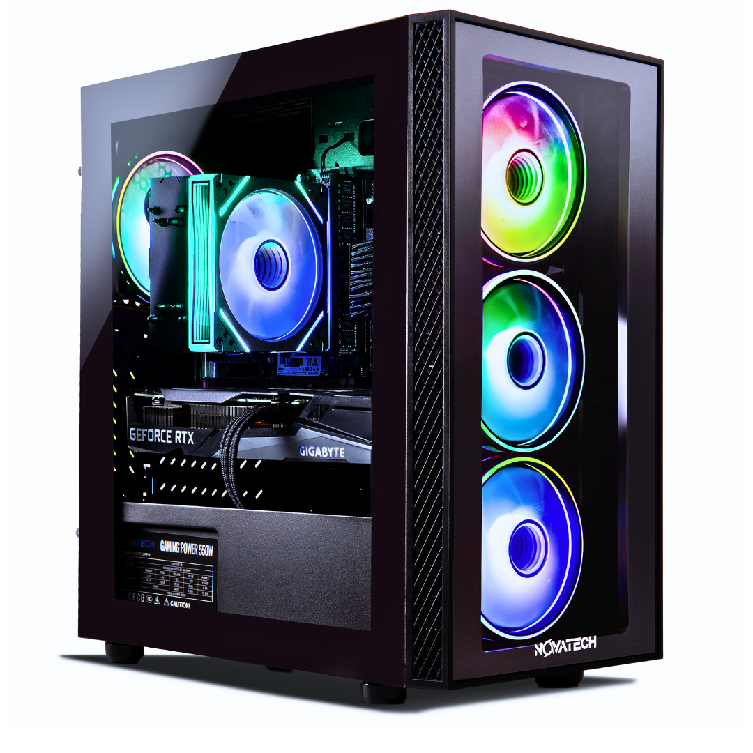 Black NOVATECH gaming PC, front three-quarter view with RGB fans