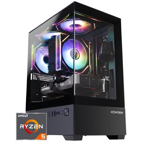 NOVATECH Prism gaming PC in a black panoramic glass case with RGB fans and an AMD Ryzen 5 badge
