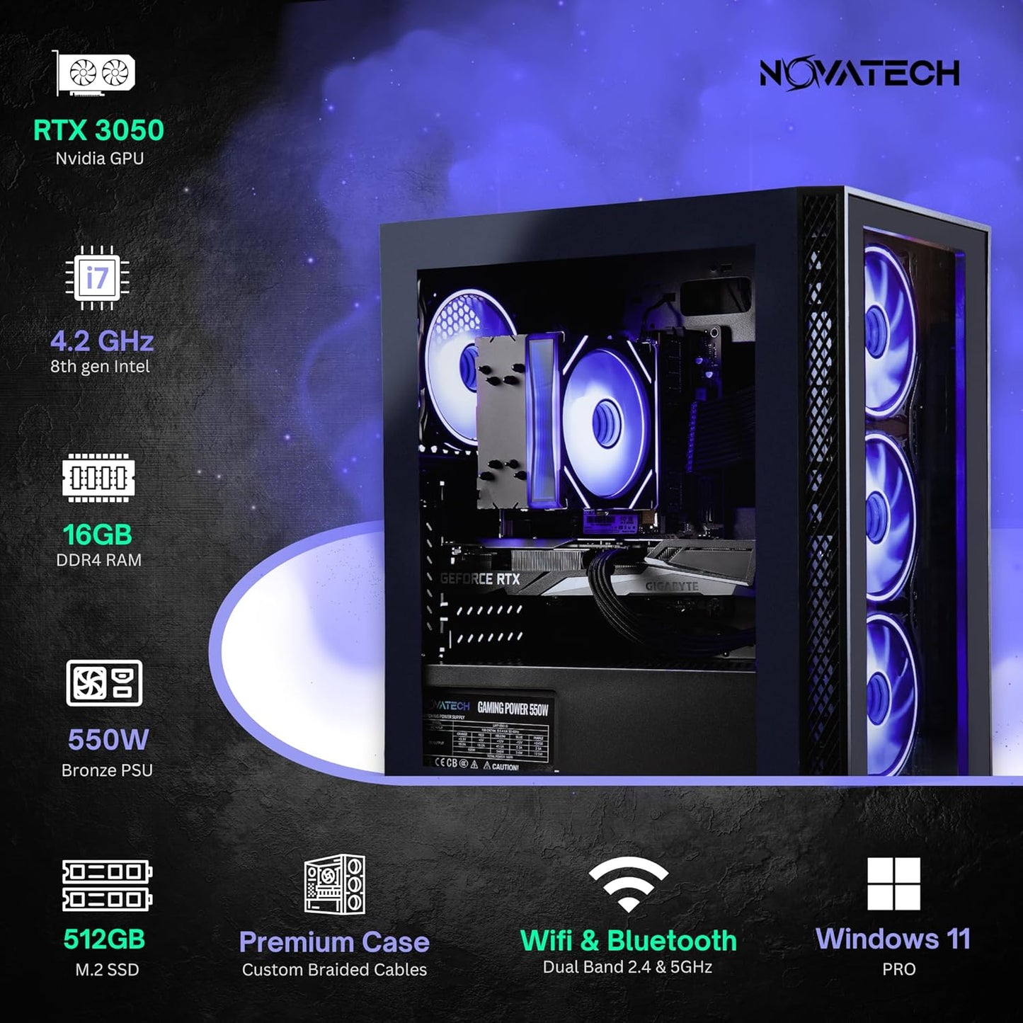 NOVATECH Phantom 2.0 - Prebuilt Gaming PC Desktop Computer - RTX 3050 - Intel i7 Xeon 3.5GHz - 16GB RAM - 512GB M.2 SSD WiFi/BT, Win 11 - Gaming Computer Tower - Pre Built PC Gaming - 1 Year Warranty