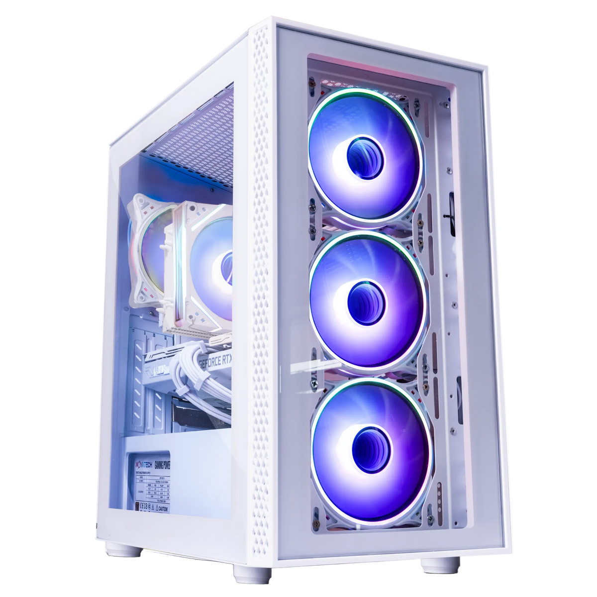 NOVATECH TITAN Pro+ Arctic gaming PC in a white case with blue-lit front fans