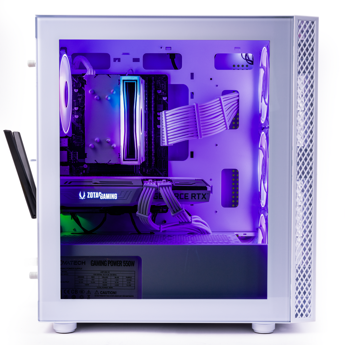 Side view inside the white TITAN Pro+ Arctic with purple lighting
