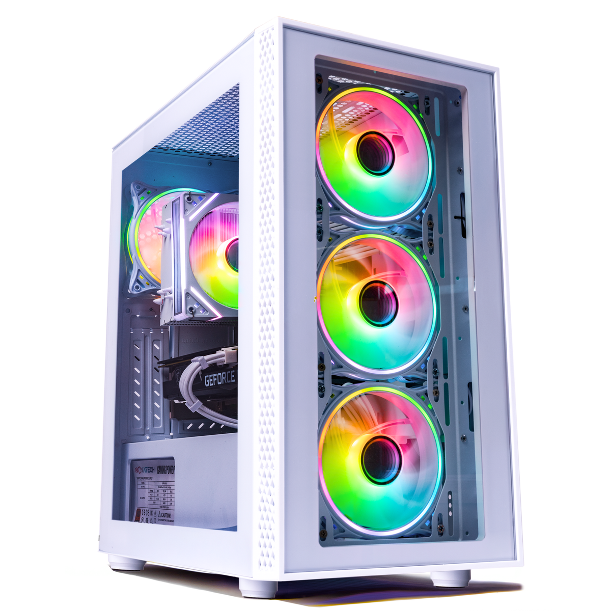 White TITAN Pro+ Arctic gaming PC with rainbow RGB fans and a glass side panel