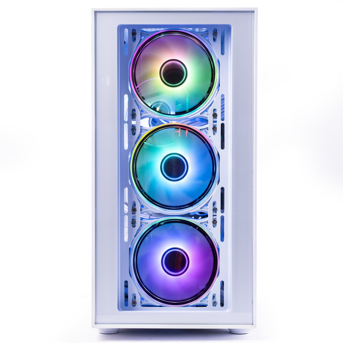 Front view of the white TITAN Pro+ Arctic with three RGB fans