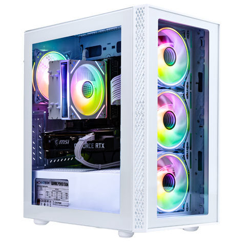 NOVATECH Phantom 2.0 gaming PC in a white case with rainbow RGB fans and a glass side panel