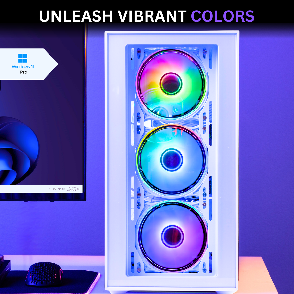White TITAN Pro+ Arctic gaming PC on a desk with vibrant RGB fans