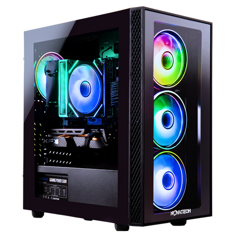 NOVATECH Phantom gaming PC in a black case with three RGB front fans and a glass side panel